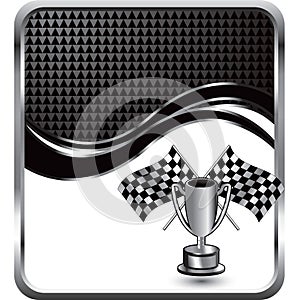 Checkered flags and trophy on wave background