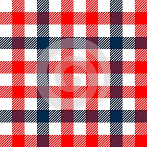 Checkered gingham plaid fabric seamless pattern in blue white and red, vector print