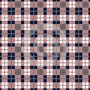 Checkered gingham plaid fabric seamless pattern in blue white and red, vector print