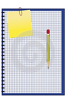 Checkered notebook with note, paper clip and pen