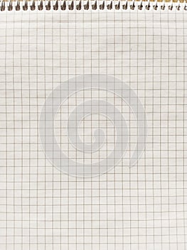Checkered notebook with spiral. An open notepad for notes. Soft focus. Copy space. Blank blank page for your text..