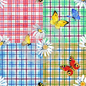 Checkered patchwork seamless pattern. Village summer mood watercolor background
