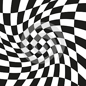 Checkered pattern. Wavy black white. Optical abstract texture. Distorted chessboard shape.