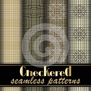 Checkered plaid tartan seamless patterns set. Line art grid background. Geometric lattice modern ornaments. Tribal ethnic repeat