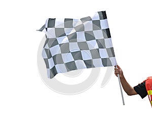 Checkered race flag in hand