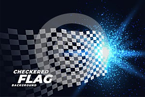 Checkered racing flag with blue lights particles background