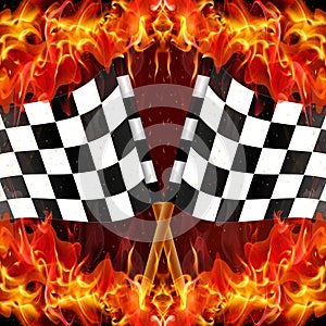 Checkered racing flag on fire