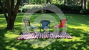 A checkered red and white blanket spread out on the lush grass surrounded by colorful lawn chairs for the perfect picnic