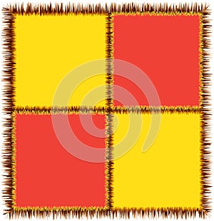 Checkered rug, mat, doormat,serviette, carpet with grunge rough square elements in red, yellow, brown colors isolated on white