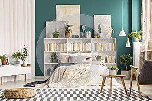 Checkered rug in stylish bedroom