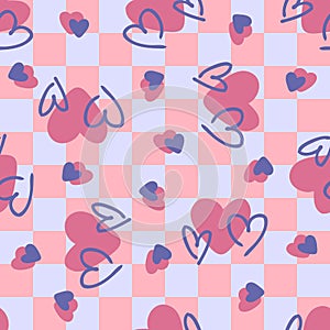 Checkered seamless background with hearts. Romantic groovy checkerboard pattern in 1970s style. Doodle vector illustration
