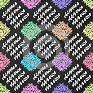 Checkered Seamless Grunge Pattern of Chalk Drawn Sketches Colorful Scrawls on Black Chalkboard Backdrop. Abstract Creative Art
