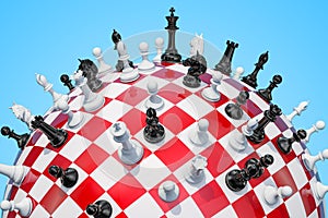 Checkered sphere, chess board with chess pieces. 3D rendering