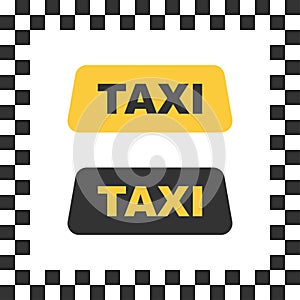 Checkered taxi icon. Isolated cab vehicle symbol. Yellow taxi car service with black square as background. Vector EPS 10