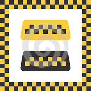 Checkered taxi icon. Isolated cab vehicle symbol. Yellow taxi car service with colored square as background. Vector EPS 10