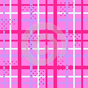 Checkered Vector seamless pattern with stripes and polka dots in white, Fuchsia, purple color on bright Pink background. Trendy