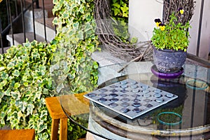 Checkers Game on Wine Barrel Table
