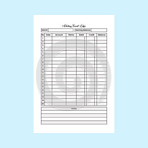 Checking account ledger log book KDP interior. Bank account information checker and balance tracker template. KDP interior journal