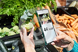 Checking calories on kohlrabi cabbage vegetable with smartphone