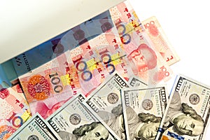 Checking one hundred dollar and yuan banknotes with ultraviolet