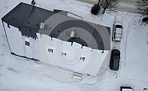 checking the roof with the help of a drone. chimneys and skylights in winter