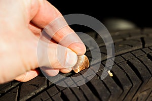 Checking tread depth on a tire by using a penny