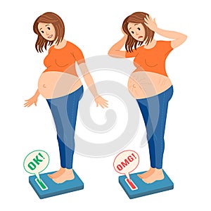 Checking weight pregnant woman. Happy and sad pregnant woman. Pregnant woman, weighed on the scales. Vector Illustration