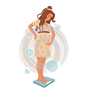 Checking weight young pregnant woman standing on the abstract background.   Weighed on the scales. Flat vector illustration on