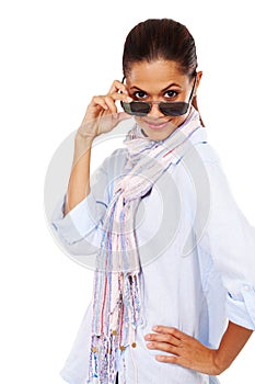 Checking you out....Black woman, luxury sunglasses and portrait for fashion announcement or discount on glasses in