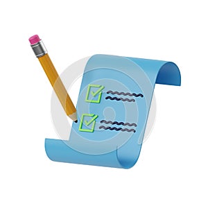 Checklist 3d icon render - register document illustration, contract form with pen and book list with check box