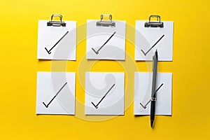 Checklist with checkmarks and notes on blue background