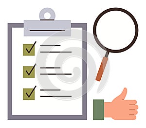 Checklist on Clipboard with Magnifying Glass and Thumbs Up for Evaluation and Approval Concepts