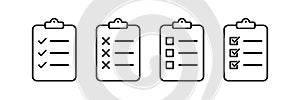 Checklist clipboard vector icon. check list sign outline isolated on white background. clip board or pad symbol. complete document