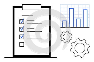 Checklist with Completed Tasks, Data Chart, and Gears Representing Productivity and Process Optimization