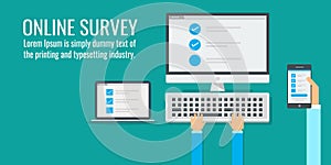 Checklist on computer screen, online survey, hand holding mobile phone, flat design vector banner.