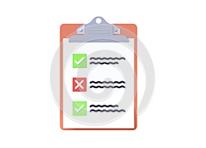 Checklist 3d render - paper list with questionnaire, test clipboard and survey check form. Write document