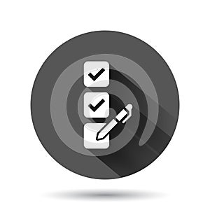 Checklist document icon in flat style. Survey vector illustration on black round background with long shadow effect. Check mark