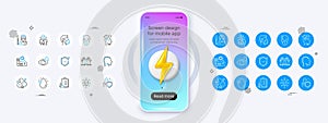 Checklist, Family insurance and Stress line icons. For web app, printing. Phone mockup with 3d energy icon. Vector