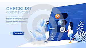 Checklist flat landing page with header, banner vector template. To do list, documentation of tasks, scheduling, planning,