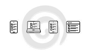Checklist on gadget icon set. Event reminder. Survey. Mobile computer. Vector on isolated white background. EPS 10