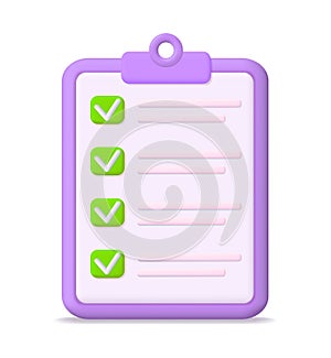 Checklist icon. 3d task document. Check list for note. Paper with form on board. Clipboard with marks. Checkbox for office,