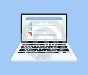 Checklist on the laptop screen. Isolated vector illustration in flat style. Design for web site, banners, infographics and so on