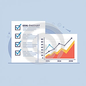 Checklist and line graph illustration with a light blue background.