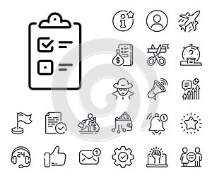 Checklist line icon. Clipboard document sign. Salaryman, gender equality and alert bell. Vector