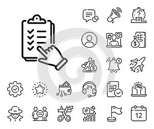 Checklist line icon. Clipboard document sign. Salaryman, gender equality and alert bell. Vector