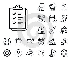 Checklist line icon. Clipboard document sign. Salaryman, gender equality and alert bell. Vector