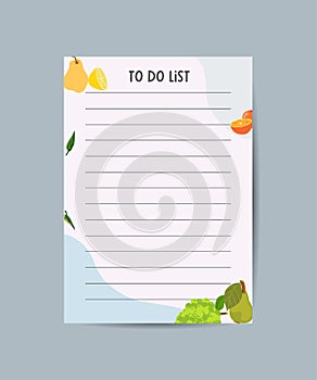 Daily checklist plans, notepads, to-do lists decorated with fruits. Vector design illustration