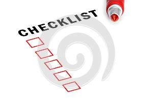 Checklist with red marker and checked boxes.