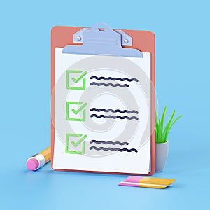 Checklist render 3d - paper clipboard, task check list icon and office pencil. Exam note clip board