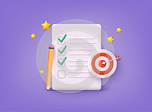 Checklist with target. Successful completion of business tasks. 3D Web Vector Illustrations